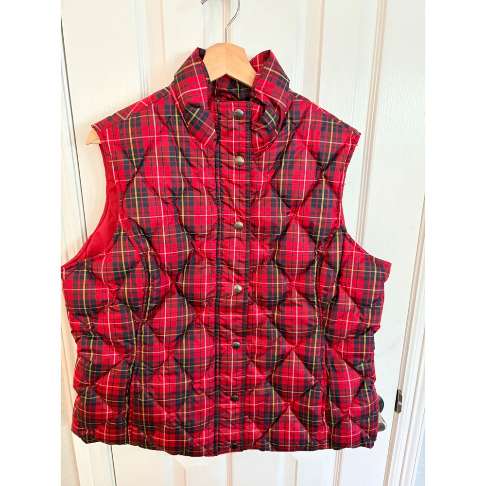 Lands' End Puffer Vest Red Plaid Quilted Down Insulated Tartan Holiday Layering